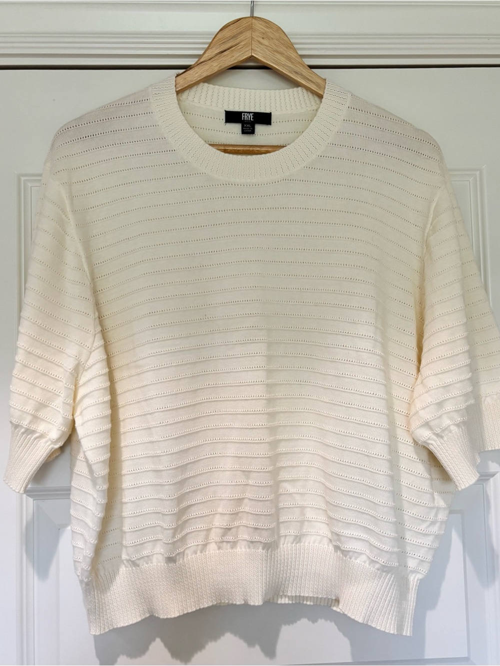 FRYE Sz XXL Cream Ivory Sweater Cotton Fine Gauge Textured Ribbed Short Sleeves - Picture 3 of 10